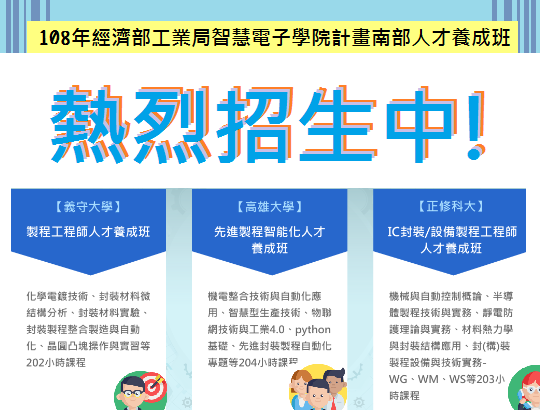 【招生資訊】108年智慧電子學院計畫南部人才養成班熱烈招生中!